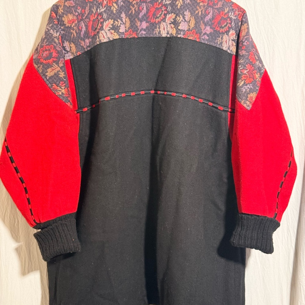 Vintage Floral Tapestry and Red 80% Wool Blend USA MADE Long Coat
